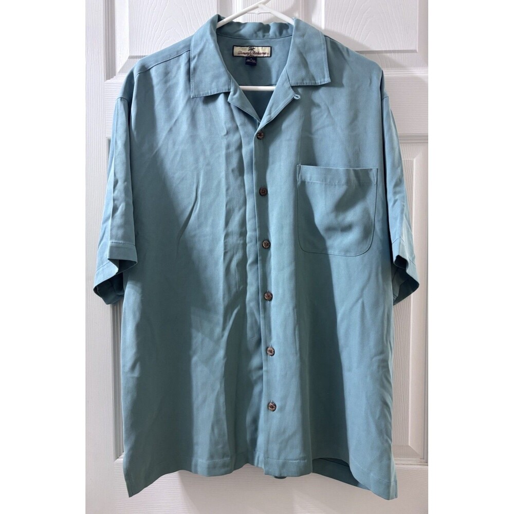 Tommy Bahama Men’s Medium 100% Silk Button Front Camp Shirt Teal Short Sleeve